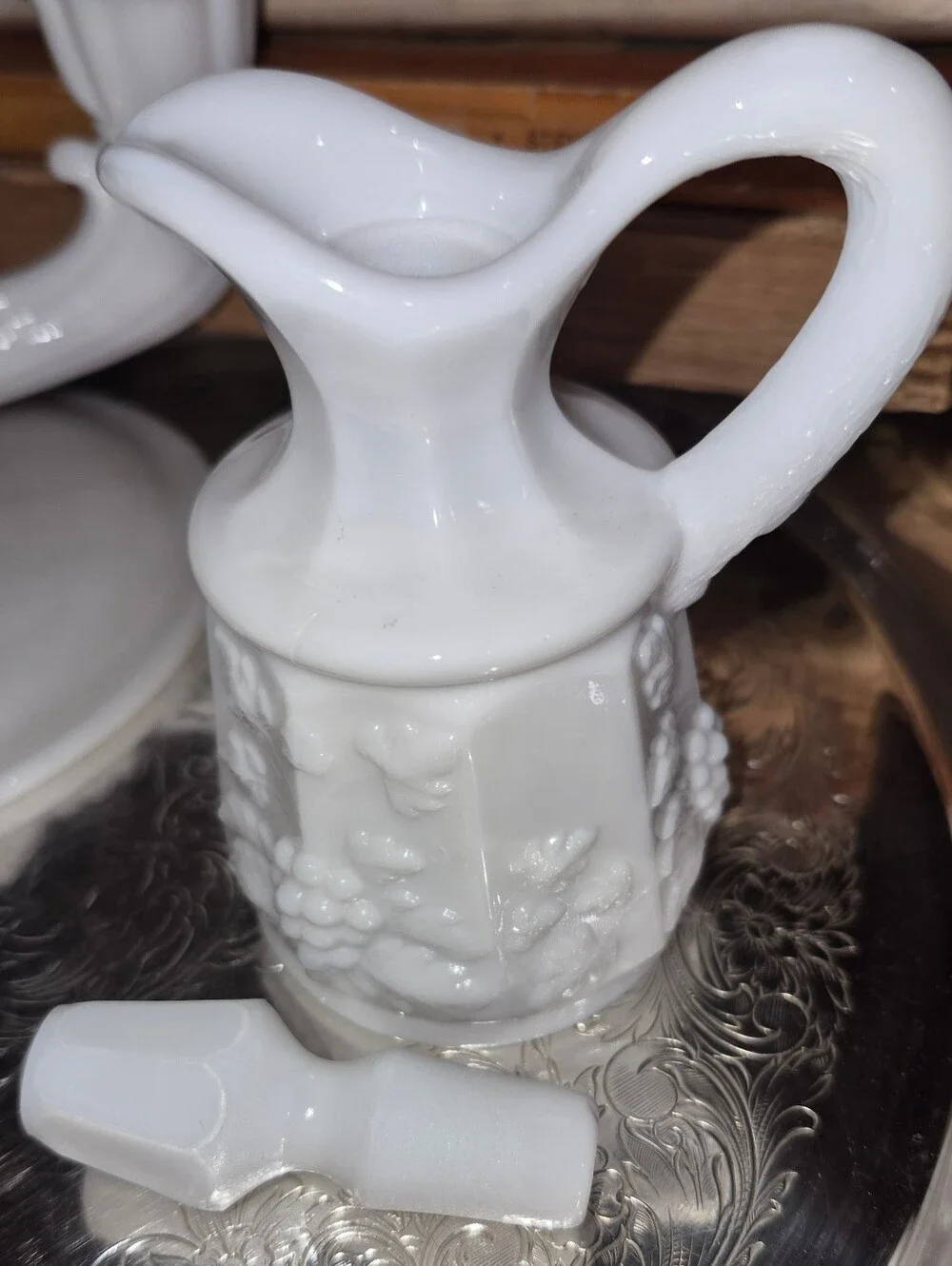 Vintage Westmoreland Paneled Grape Milk Glass Cruet with a matching stopper